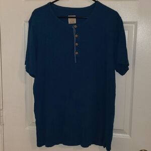 Merona Mens Blue/Green 4 Button Up Scoop Neck Short Sleeve Tshirt 100% Cotton LG